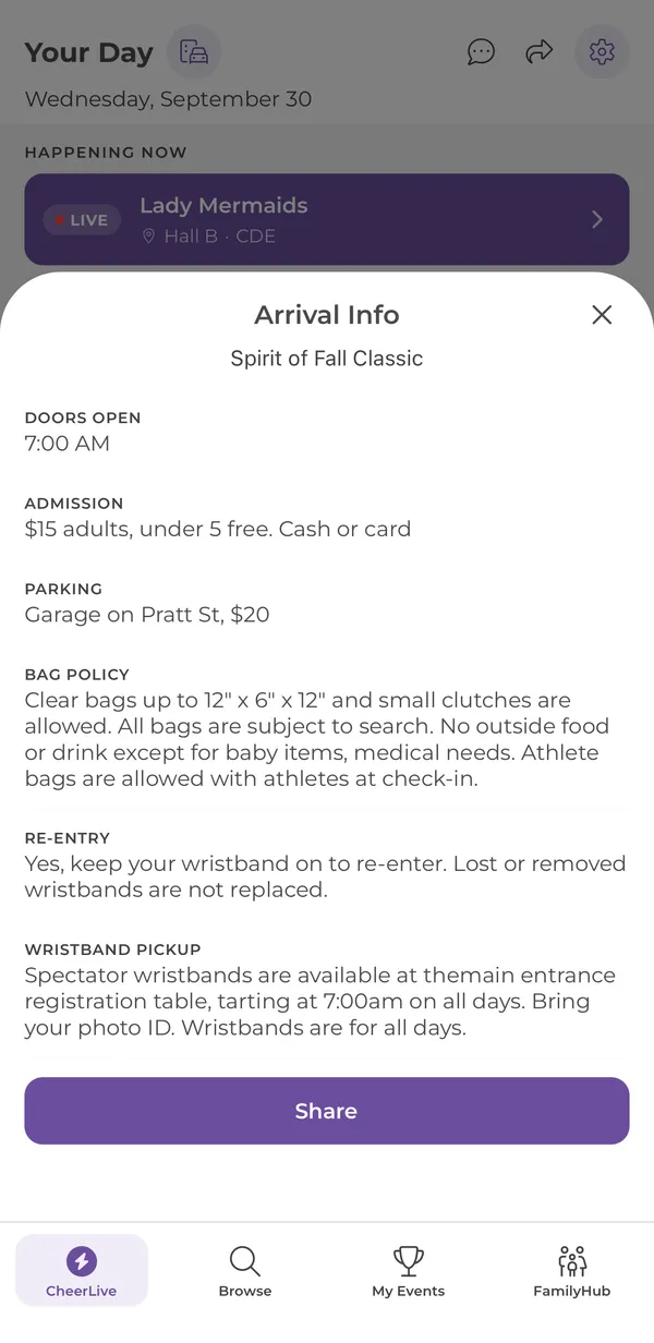 Arrival Info sheet listing doors, admission, parking and bag policy
