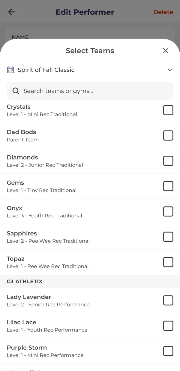 Select Teams sheet with teams grouped by gym and checkboxes