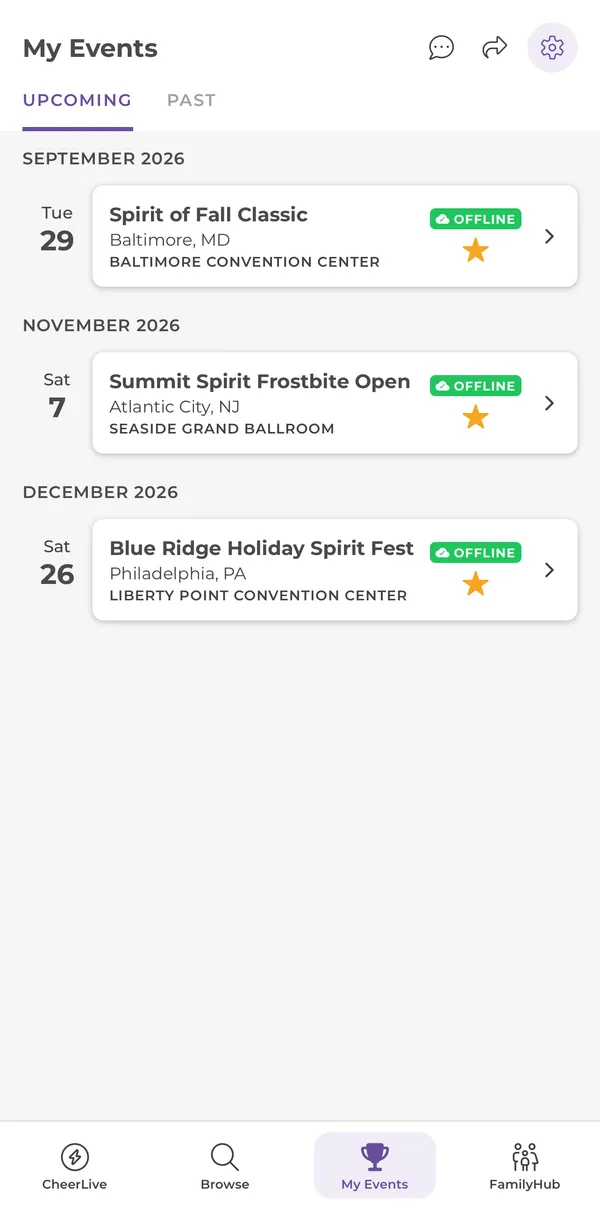 My Events list with starred events marked OFFLINE