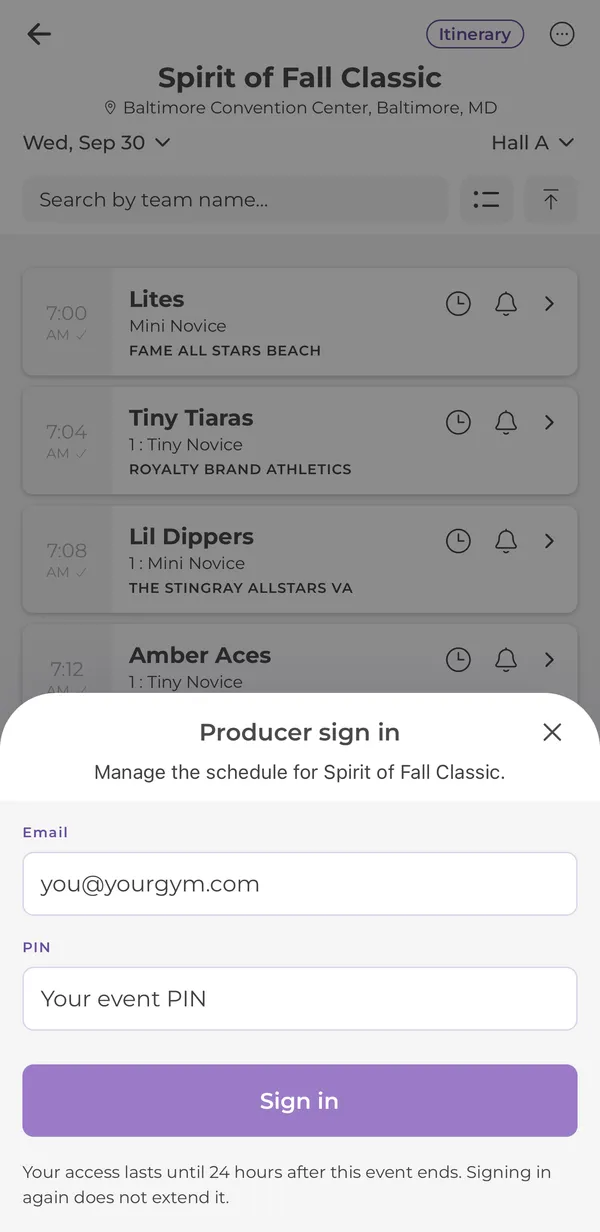 Producer sign in sheet asking for email and event PIN