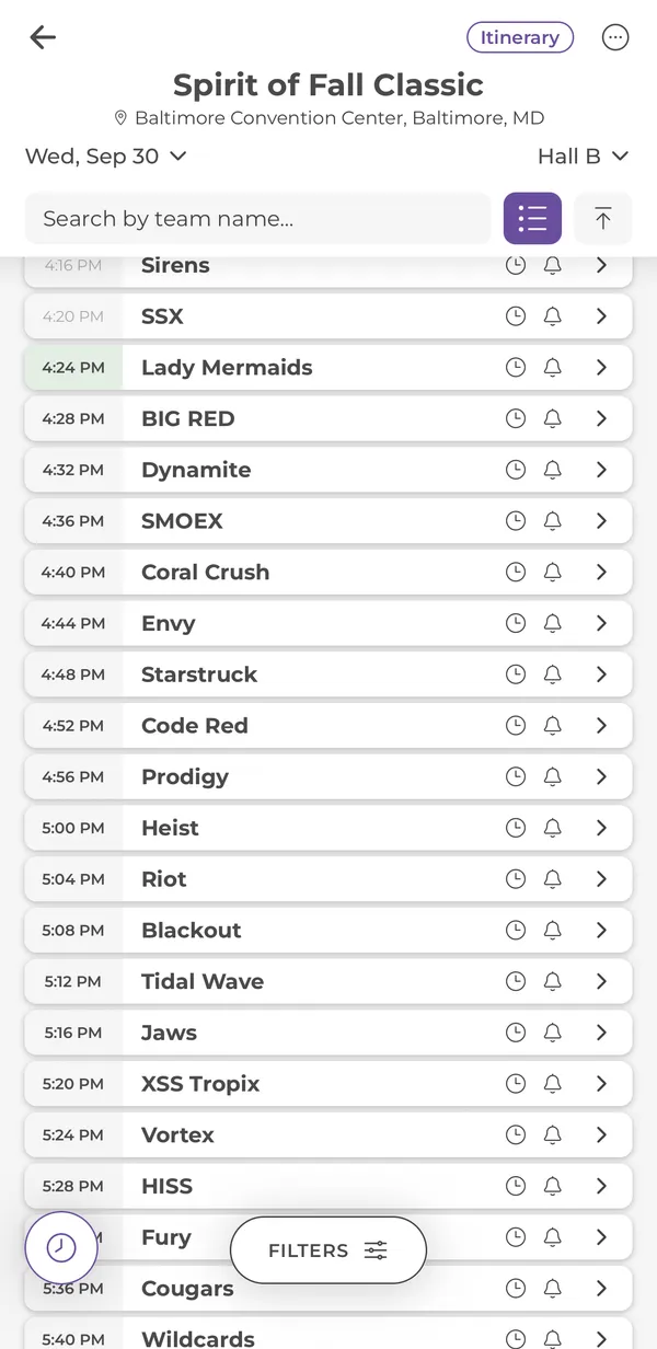 Compact schedule showing only times and team names