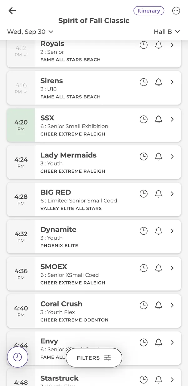 Event schedule for Hall B with a green row on the floor now and grey rows already finished