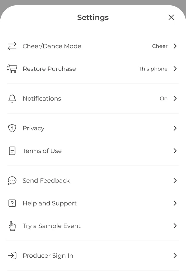 Settings list with mode, restore purchase, notifications and support rows