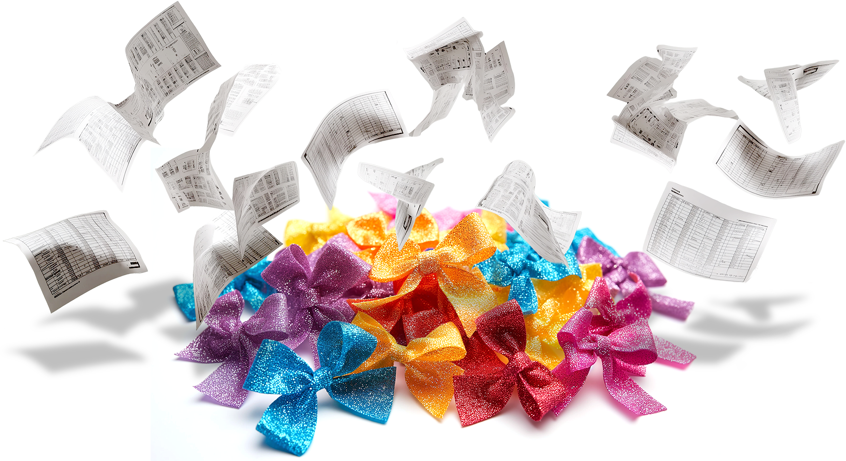 Cheer bows half-buried under a flurry of flying paper schedules